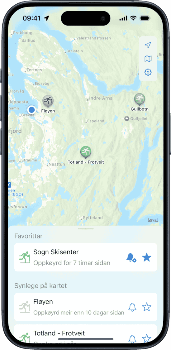 iPhone showing Skiing Trails app with a skiing trail favorited, and three trails on the map.