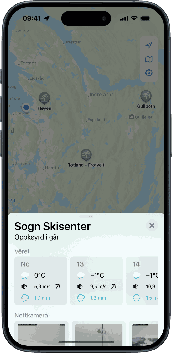 iPhone showing Skiing Trails app with “Sogn Skisenter” selected, showing the forecasted weather and available web cams.