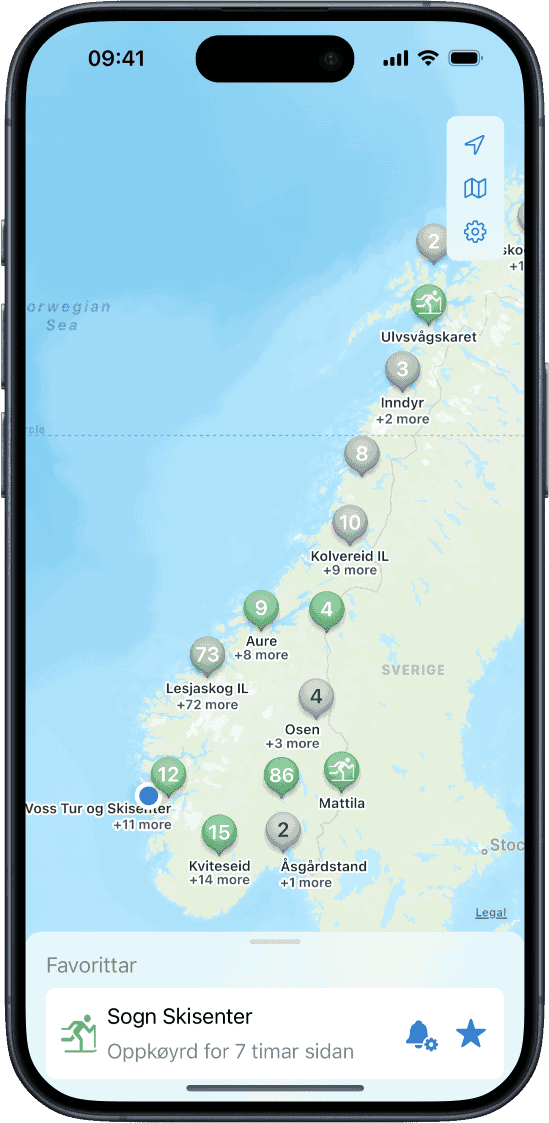 iPhone showing Skiing Trails app with the map over Norway and several pins on the map, indicating skiing trails.